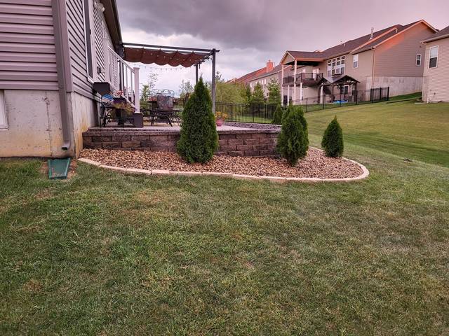 Evergreens in a rock bed around a raised patio