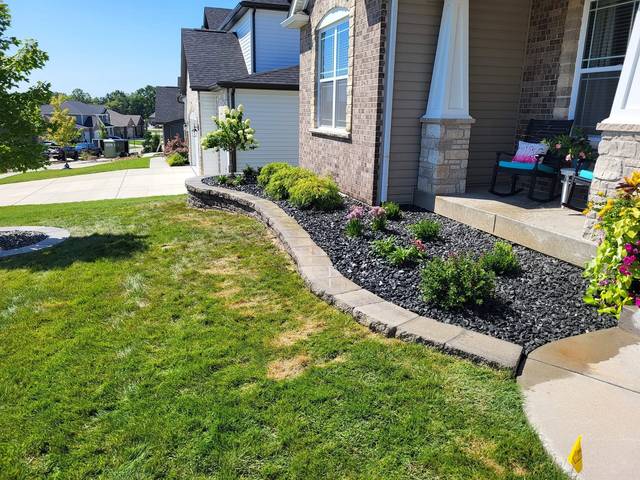 Raised bed along the front walk with black rock